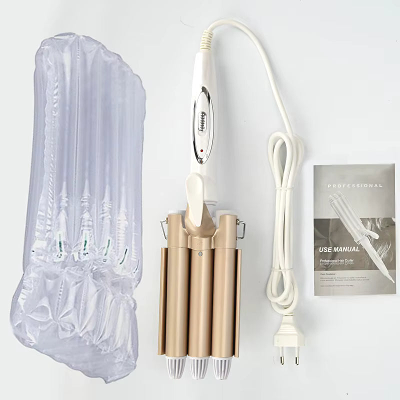 جهاز تجعيد الشعر السيراميك الاحترافي ثلاثي الأسطوانات - مكواة تكسير الشعر (ويفي) لتموجات طبيعية وسريعة - تسخين فوري وحماية بالايونات