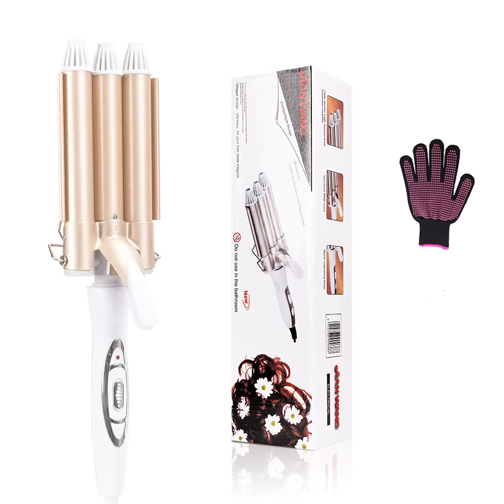 جهاز تجعيد الشعر السيراميك الاحترافي ثلاثي الأسطوانات - مكواة تكسير الشعر (ويفي) لتموجات طبيعية وسريعة - تسخين فوري وحماية بالايونات