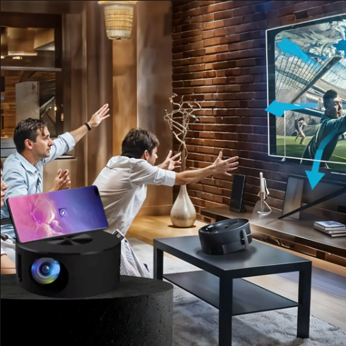 بروجكتر المنزلي الصغير المحمول - سينما منزلية تدعم آيفون وأندرويد - شاشة تصل لـ 100 بوصة - أسود